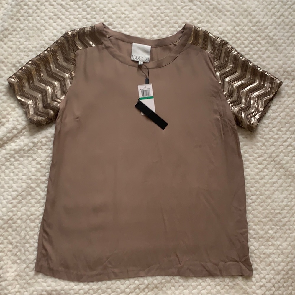 NWT Addison Sequin Sleeve Top in Tan